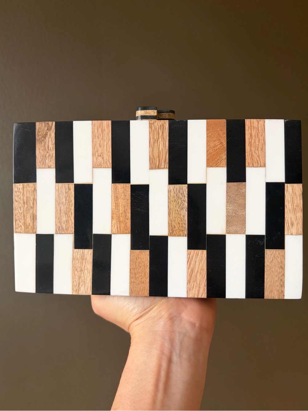 Geometric Inlay Box Clutch in Black, White & Wood
